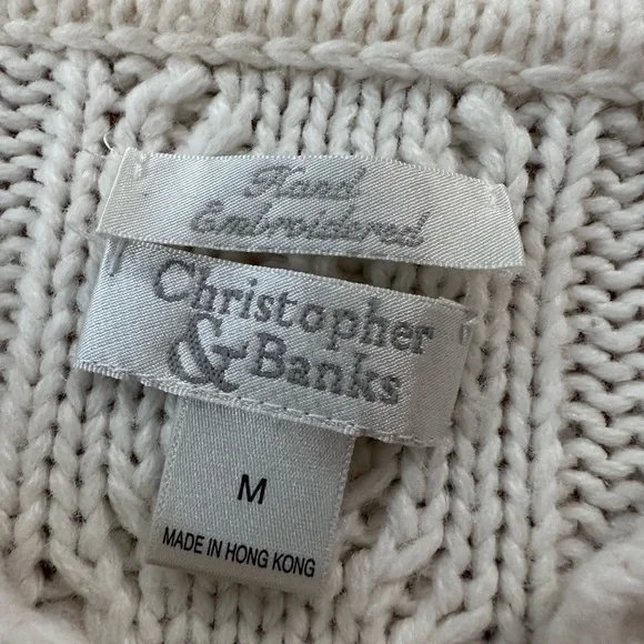 Christopher & Banks Button Down Hand Embroidered Christmas Sweater Cream/Red Med - Picture 8 of 11